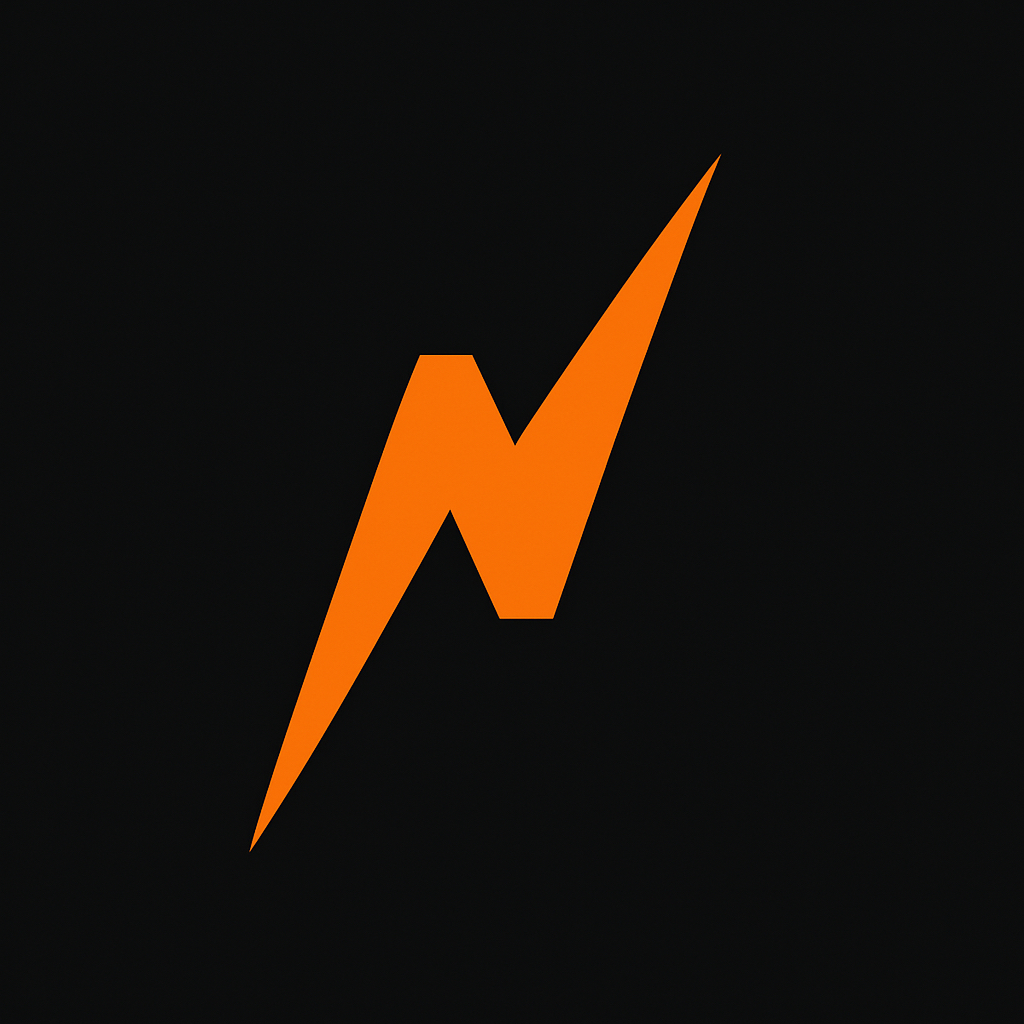 Orange angular N logo on a black background